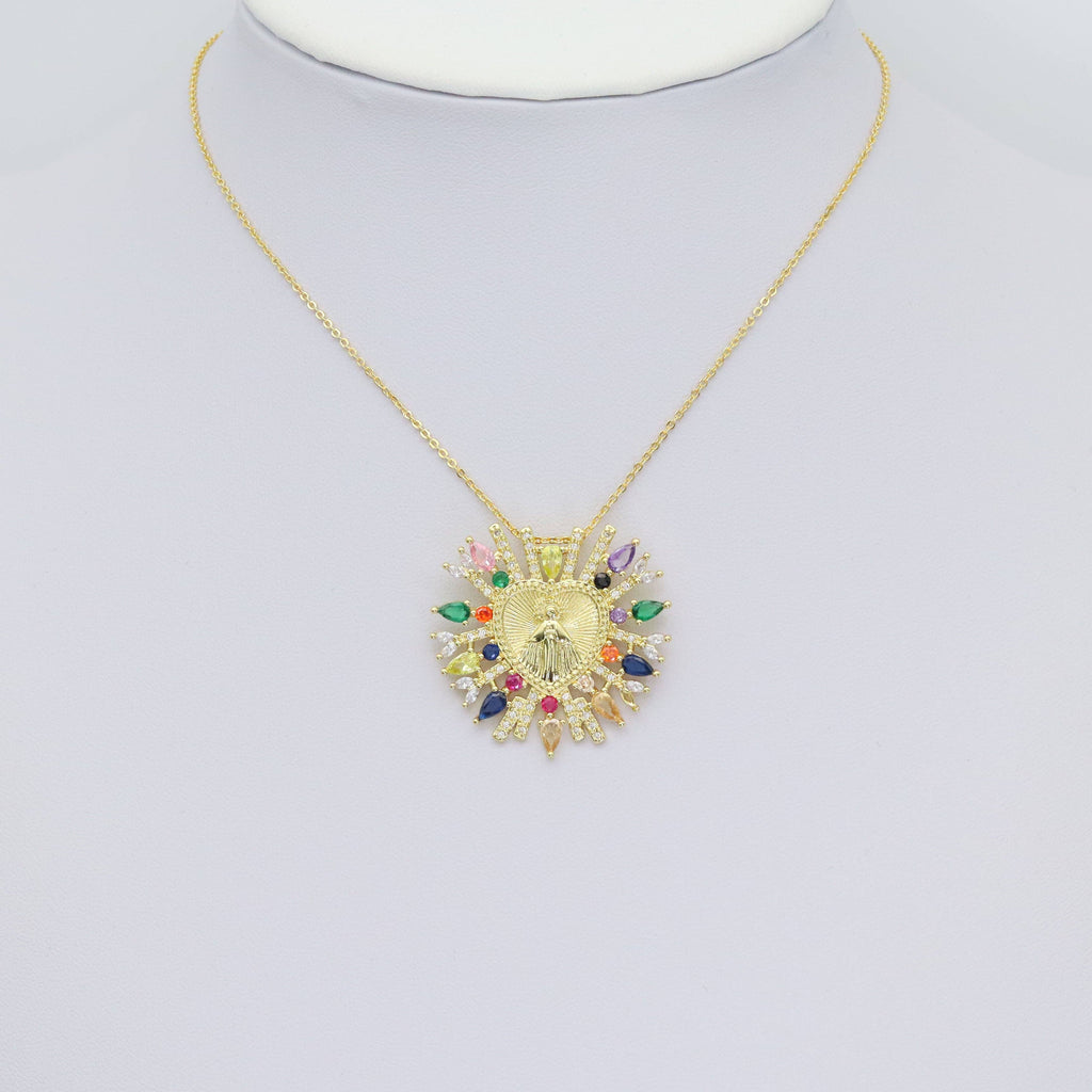 Colorful CZ Gold Virgin Mary Heart Charm, Sku#LX471