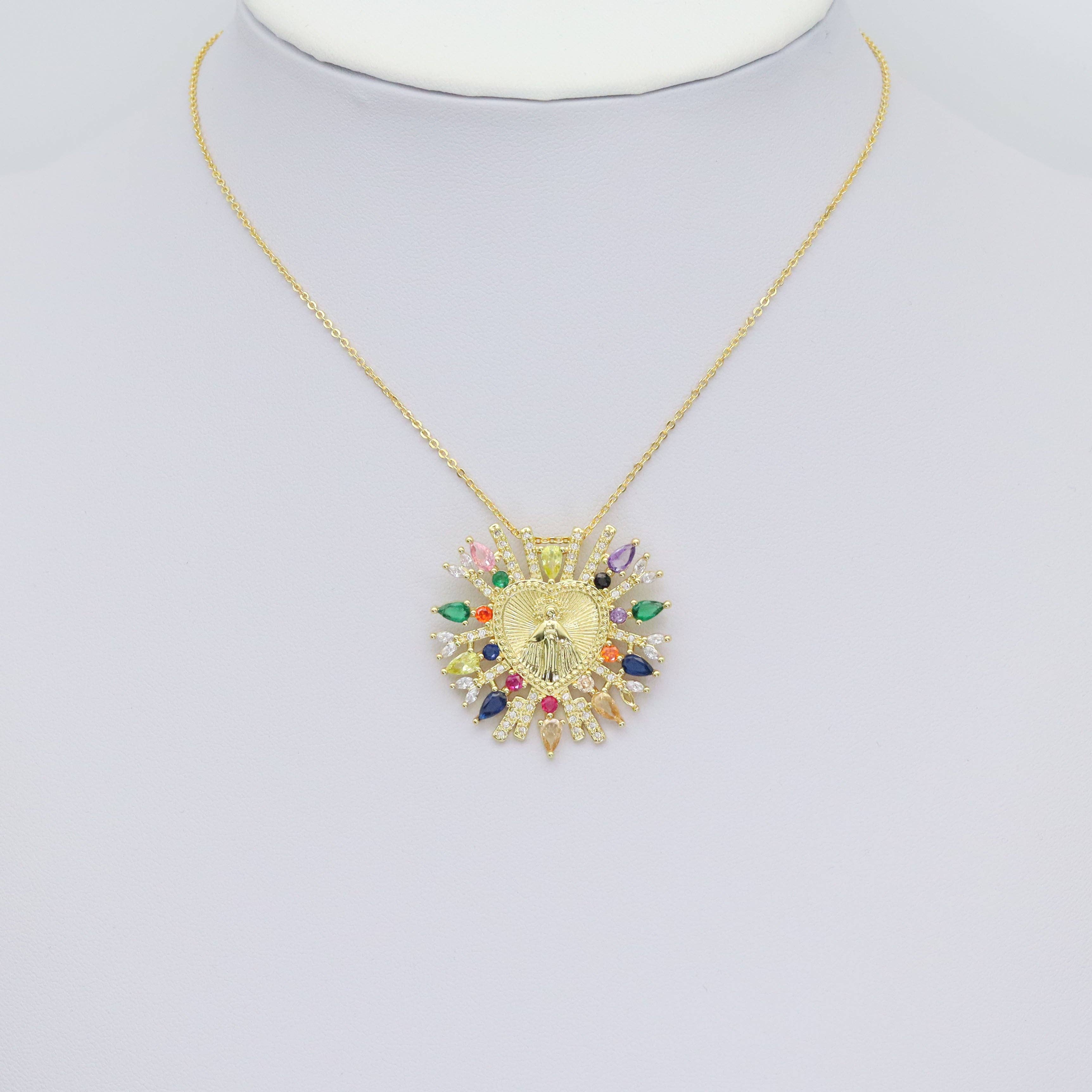 Colorful CZ Gold Virgin Mary Heart Charm, Sku#LX471