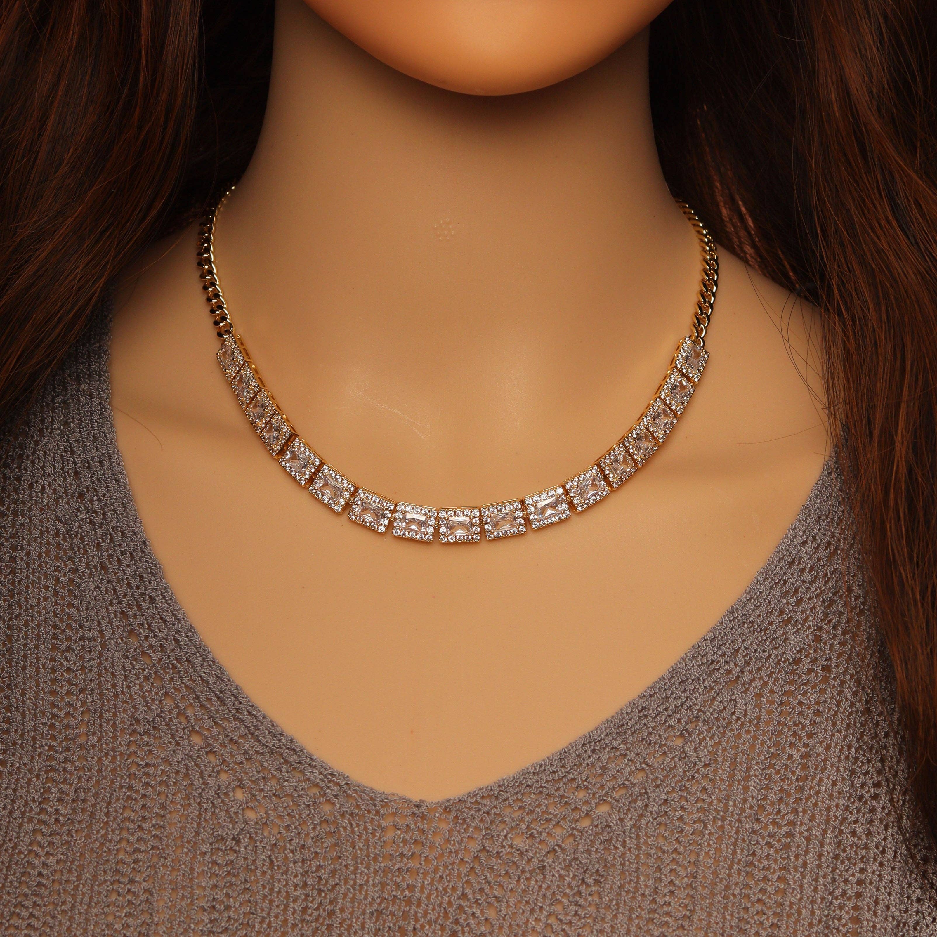 Clear Green Square CZ Gold Link Chain Adjustable Necklace,sku#LX239-Bestbeads & Beyond