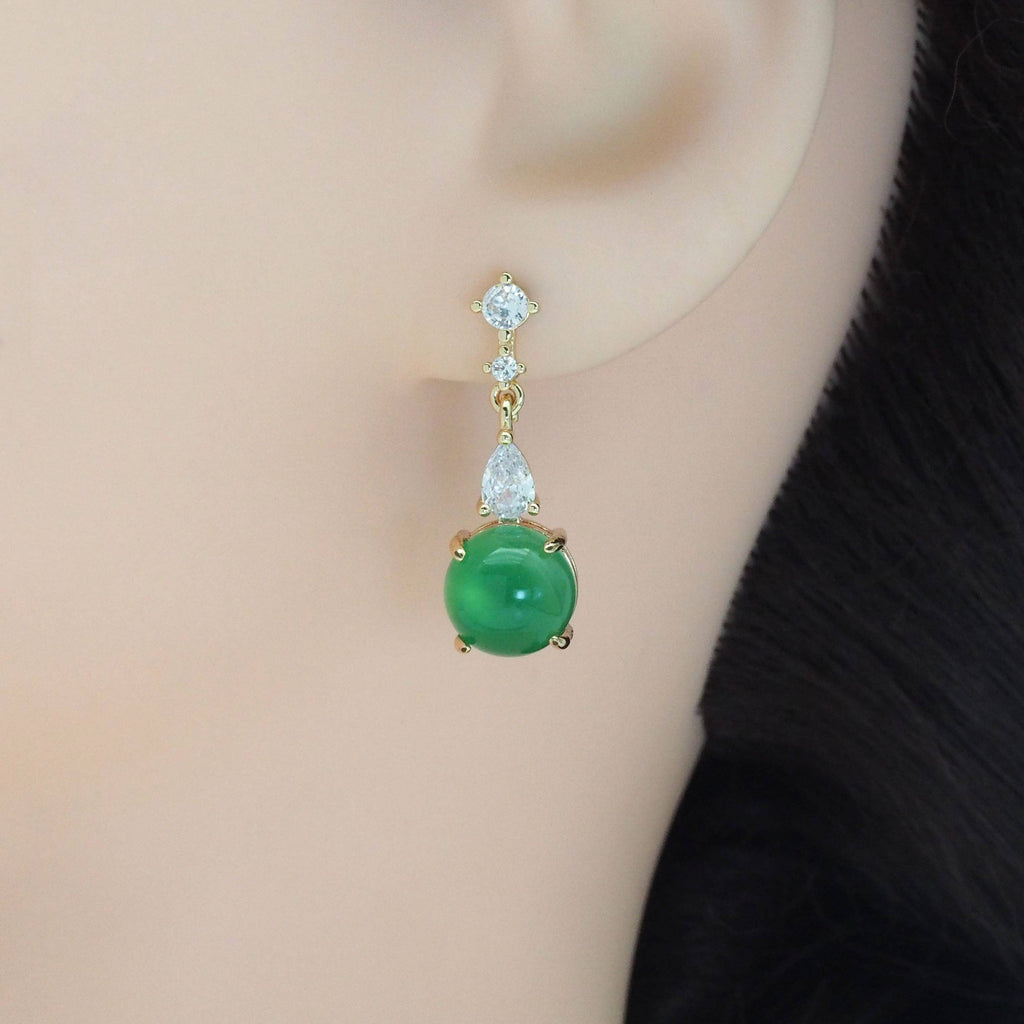 Clear CZ Gold Green Round Jade Stud Earrings, Sku#LX352-Bestbeads & Beyond