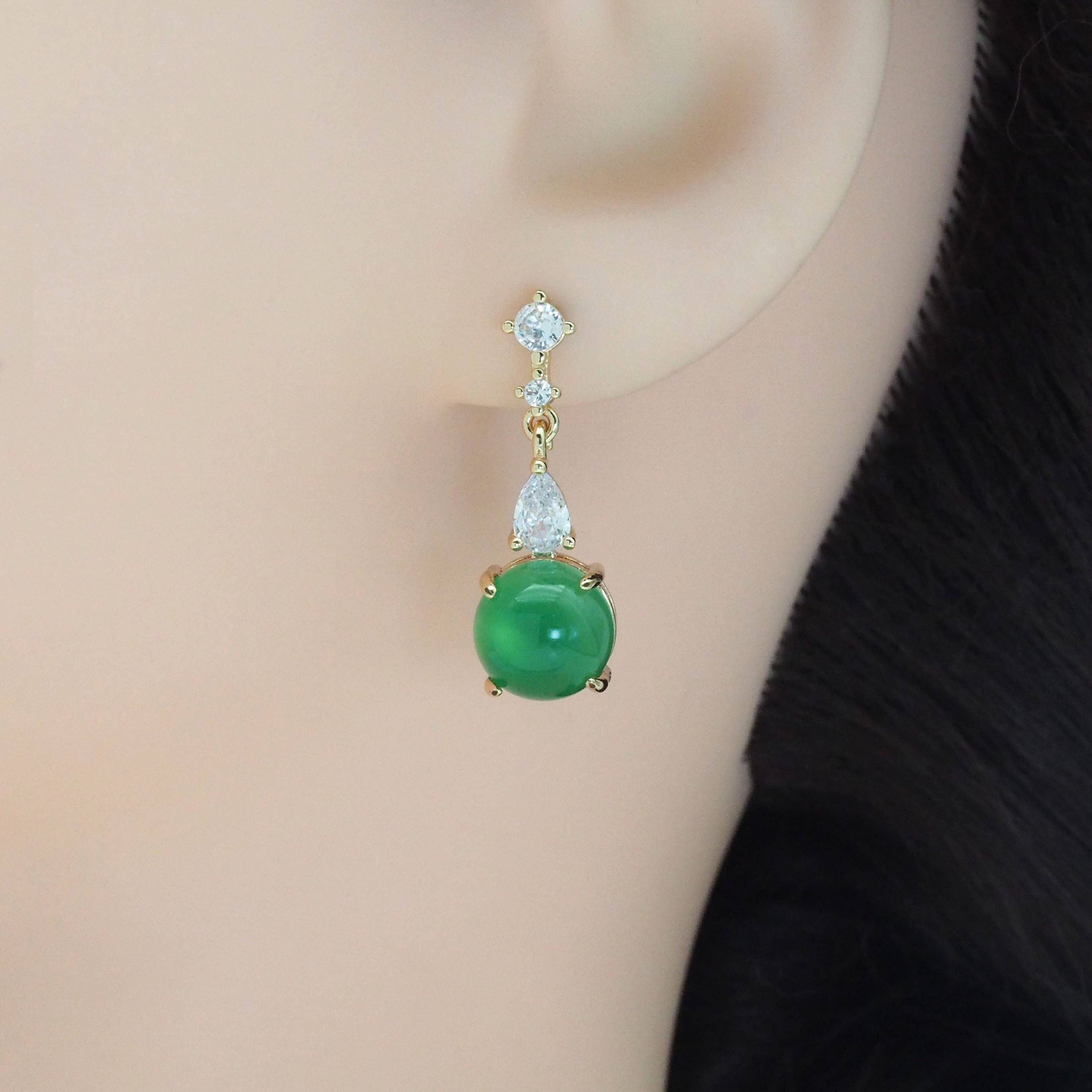 Clear CZ Gold Green Round Jade Stud Earrings, Sku#LX352-Bestbeads & Beyond
