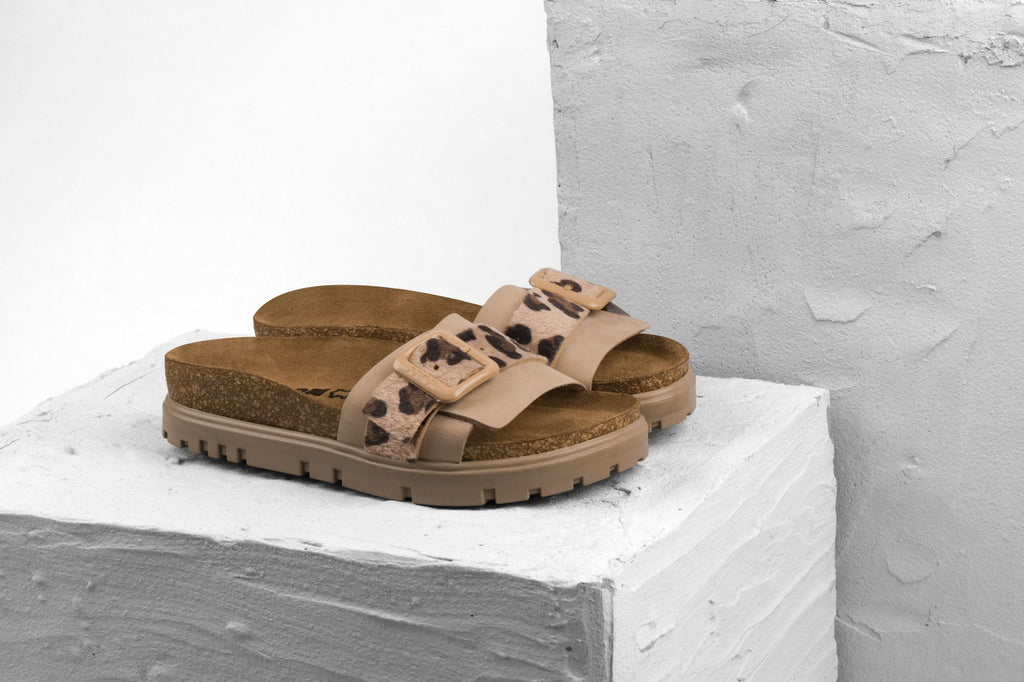 Tessa by LEON- Women’s Leather Sandal – Layered Strap Slide with Cork-style Footbed & Adjustable Buckle