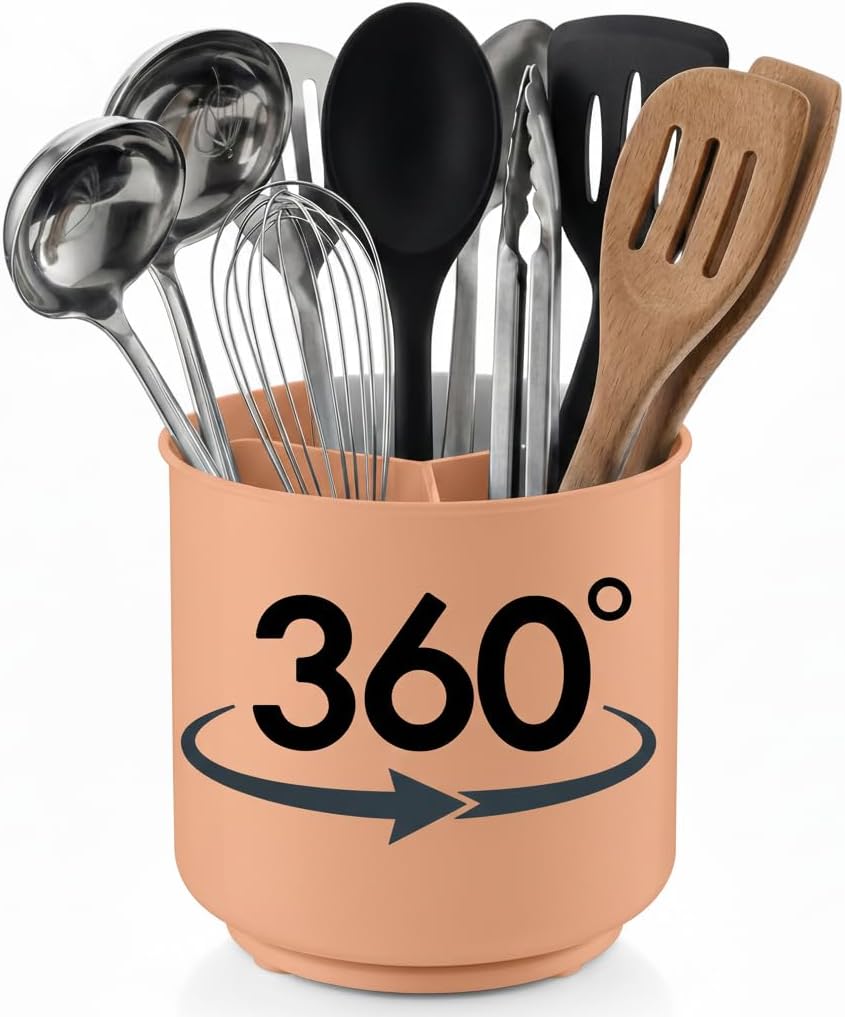 Cooler Kitchen Extra Large and Sturdy Rotating Utensil Holder Caddy with No-Tip Weighted Base, Removable Divider, and Gripped Insert | Rust Proof and Dishwasher Safe