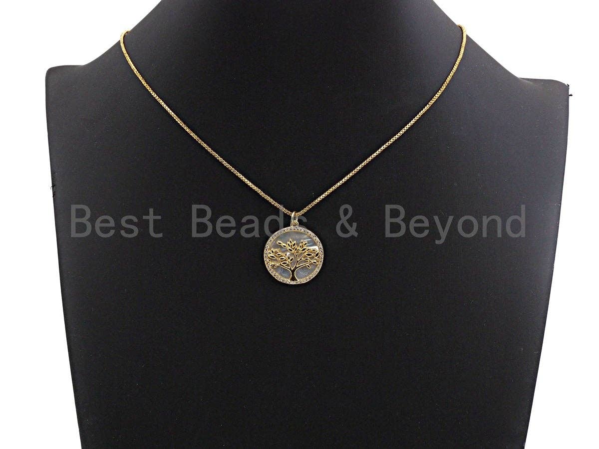 Mother-of-pearl Inlay Tree Round Pendant/Charm, Tree Cubic Zirconia Pendant,22/15/12mm,Sku#Z499