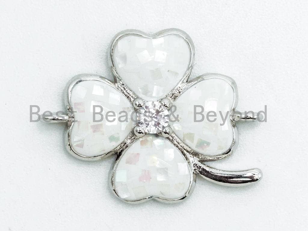 CZ Micro Pave Mother of Pearl Four-leaf Clover Flower Connector, Gemstone Cubic Zirconia Space Connector, 16x21mm, Jewelry Findings,sku#Z33