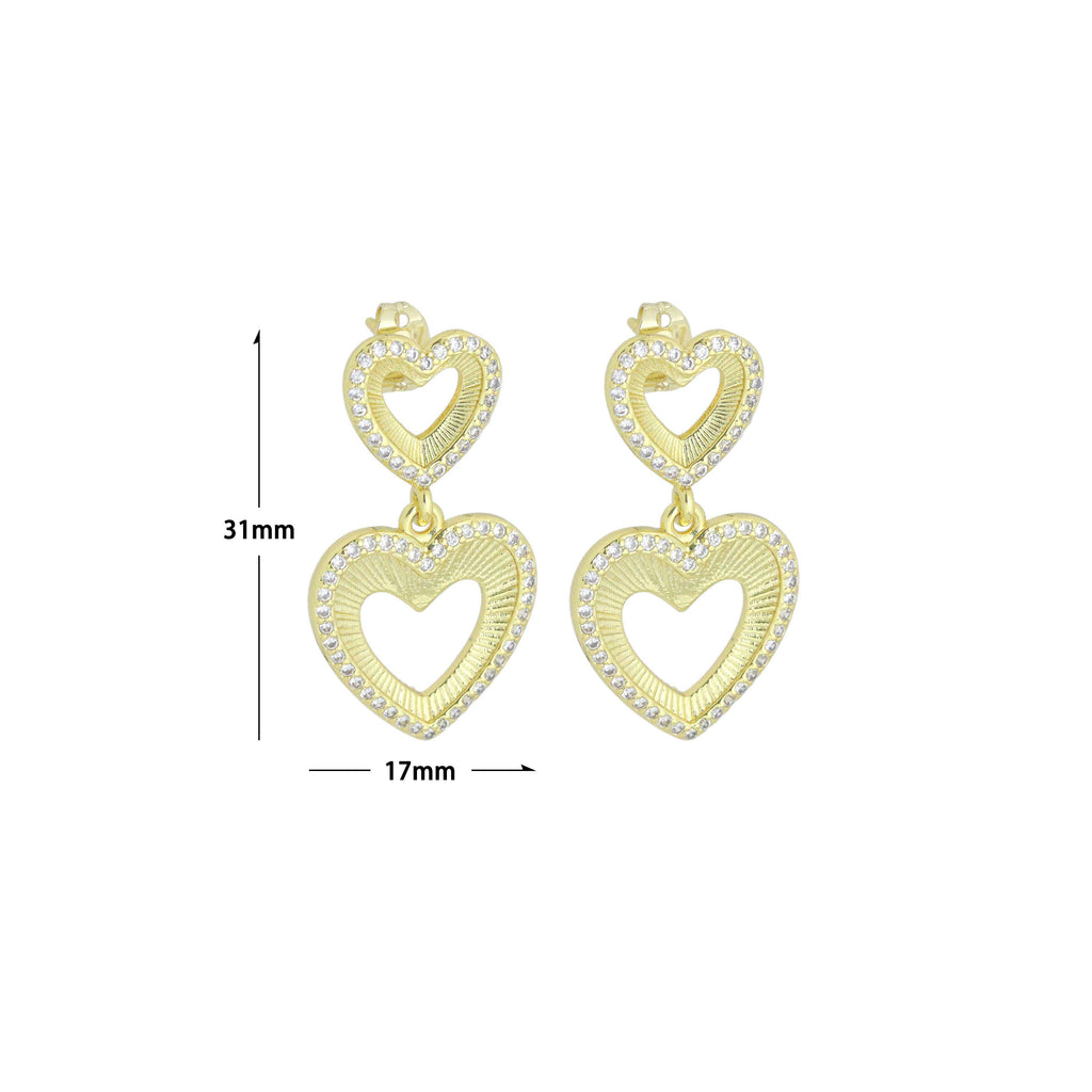 Clear CZ Gold Double open Hearts Stud Earrings, Sku#LX833