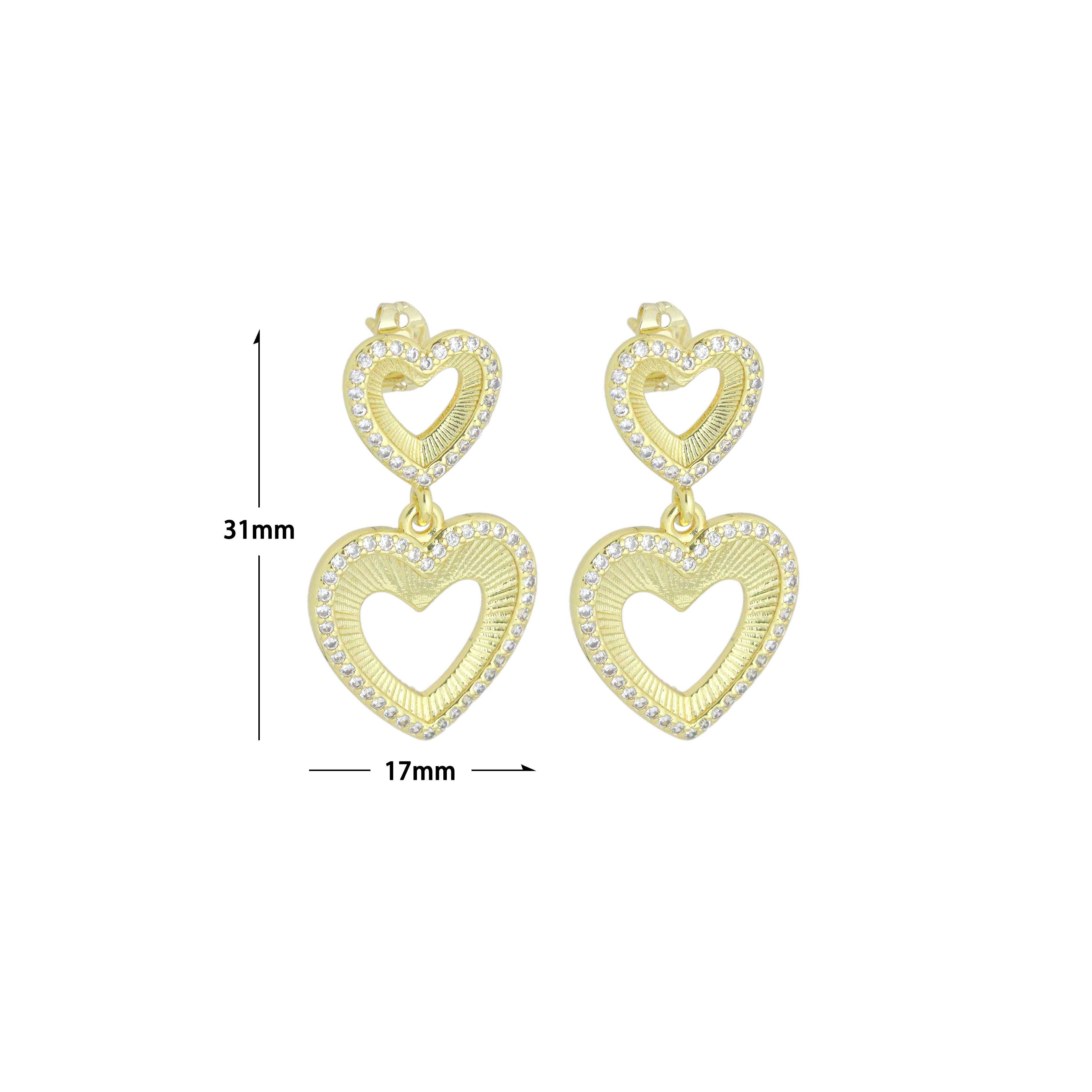 Clear CZ Gold Double open Hearts Stud Earrings, Sku#LX833