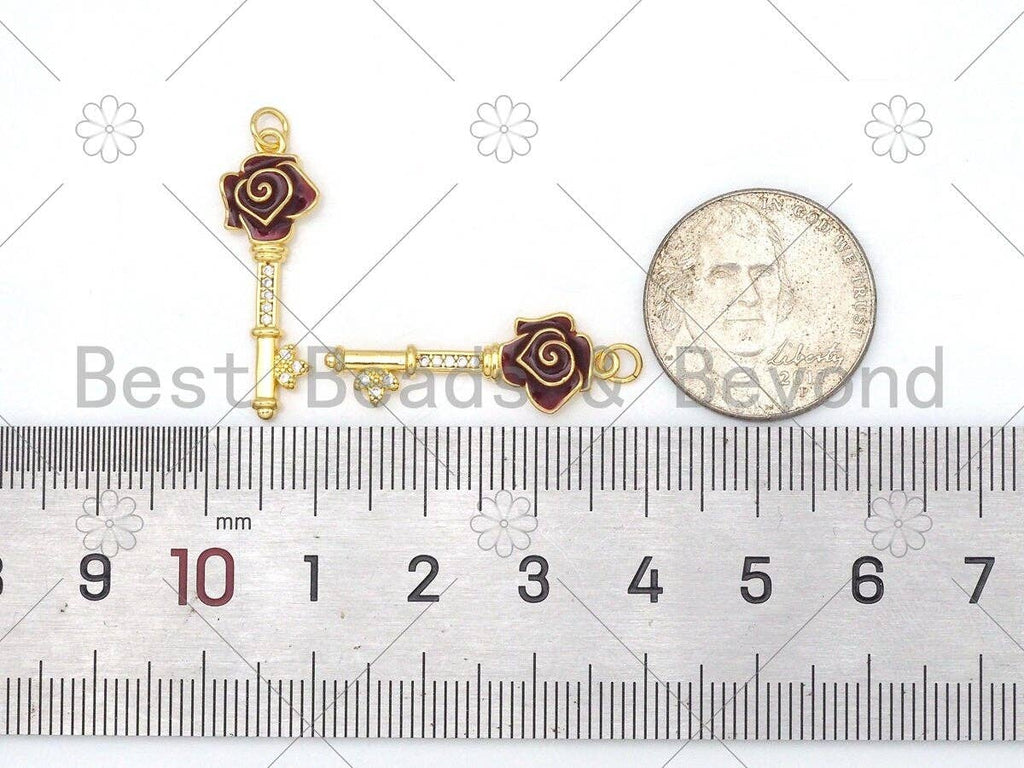 Dark Red Enamel Rose Flower On Key Shape Pendant,18K Gold Filled Enamel Charm,Enamel Jewelry,9x27mm,Sku#Y480
