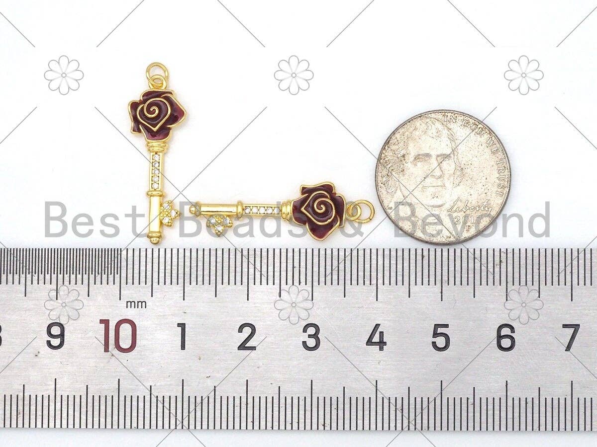 Dark Red Enamel Rose Flower On Key Shape Pendant,18K Gold Filled Enamel Charm,Enamel Jewelry,9x27mm,Sku#Y480