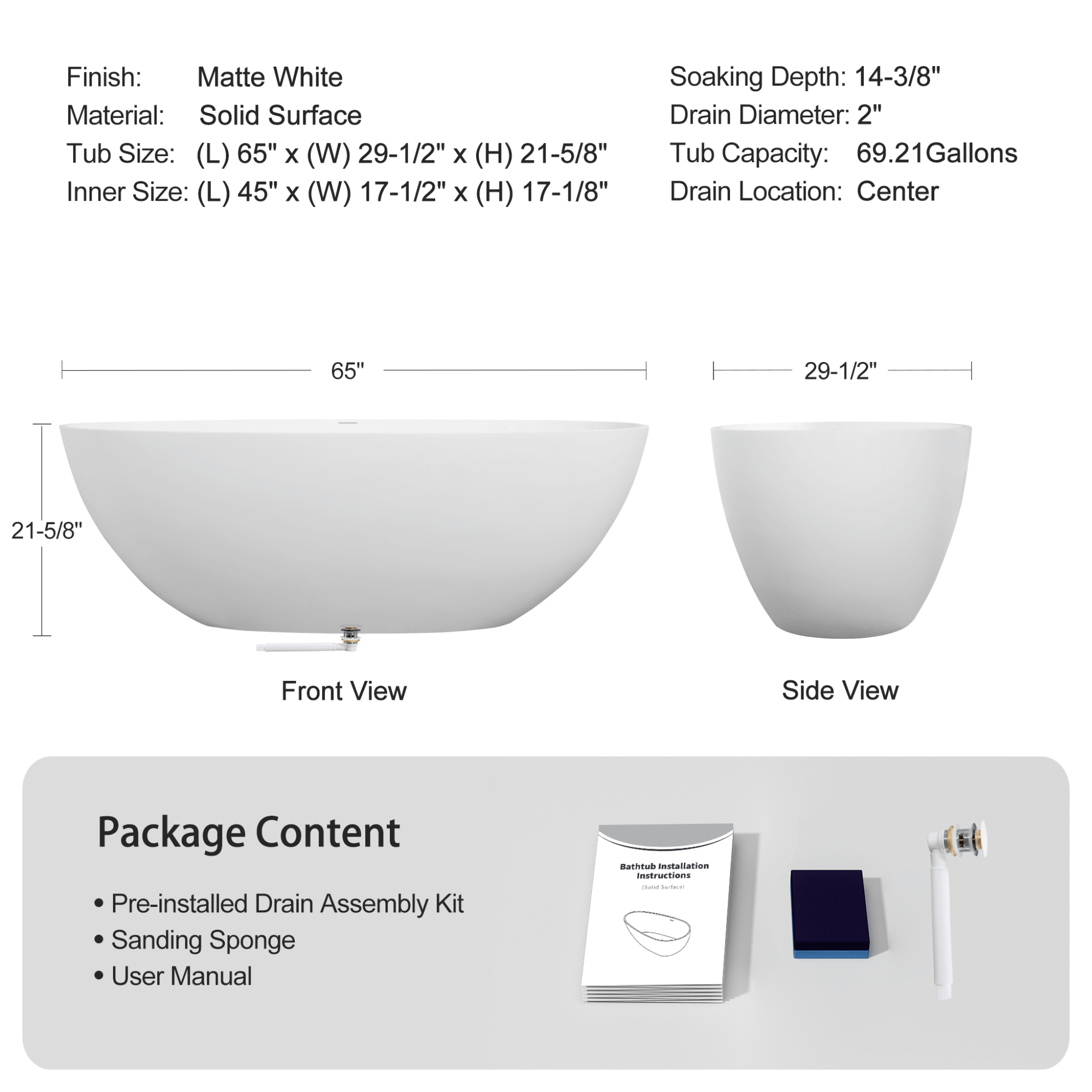 Alora 65-Inch Luxury Freestanding Soaking Bathtub With Overflow And Pop-Up Drain (SAK69451)
