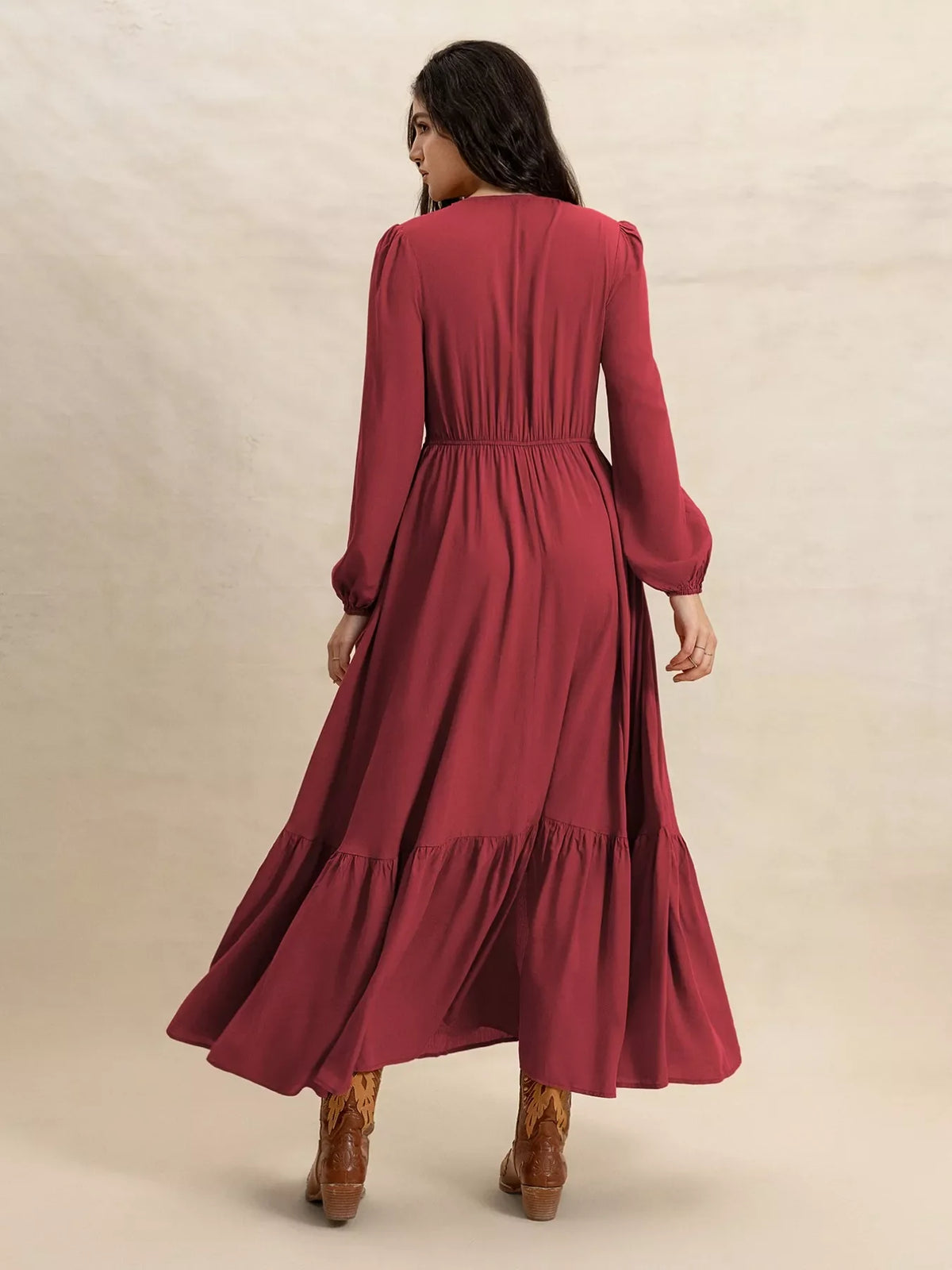 Plus Size V-Neck Balloon Sleeve Maxi Dress