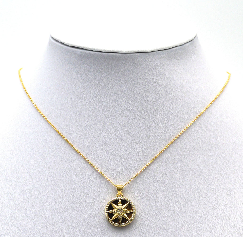 Gold CZ North Star On Round Coin Gemstone Charm, Sku#LX120