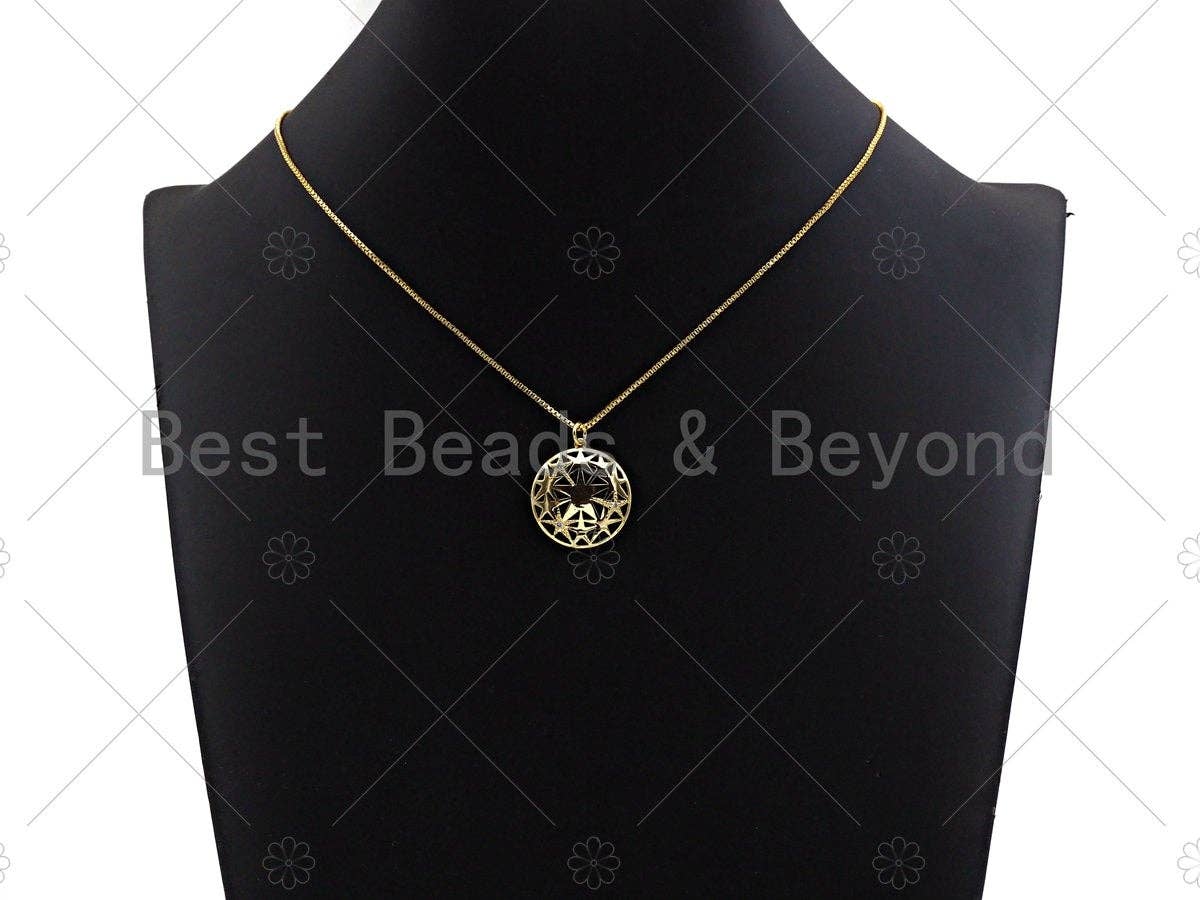 CZ Micro Pave Five Star Hollow Out On Round Shape Pendant, Gold Plated, Necklace Bracelet Charm Pendant, 27x28mm,sku#F1238