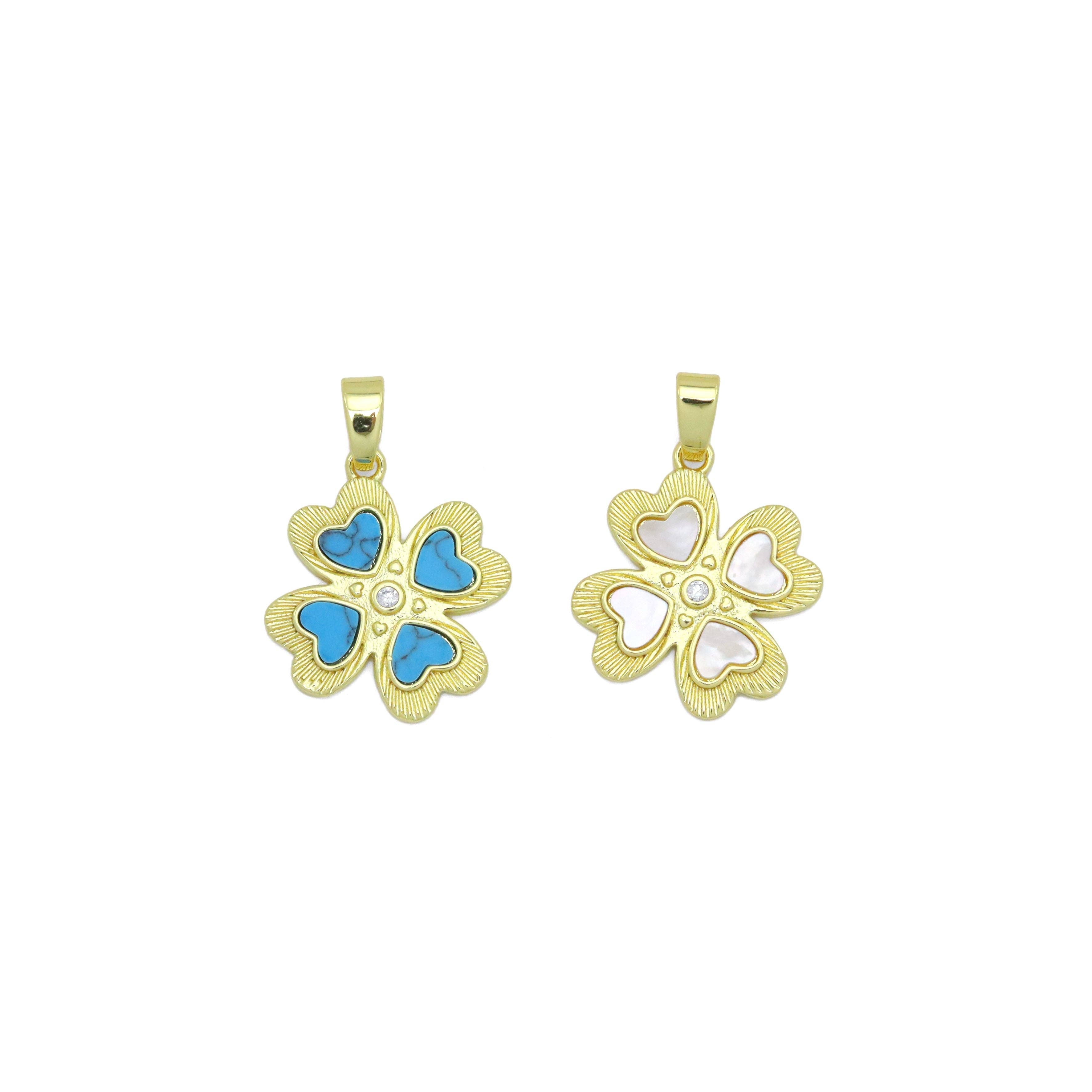 White Pearl Turquoise Stone Gold Clover Charm Pendant, Sku#LX761