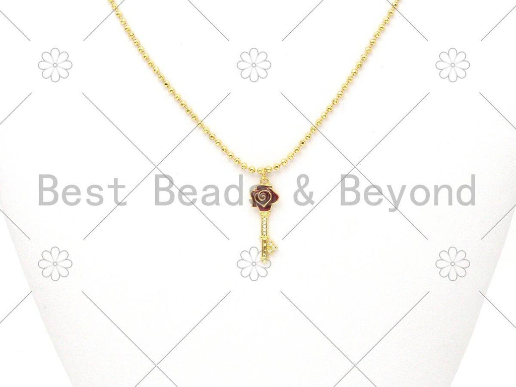 Dark Red Enamel Rose Flower On Key Shape Pendant,18K Gold Filled Enamel Charm,Enamel Jewelry,9x27mm,Sku#Y480