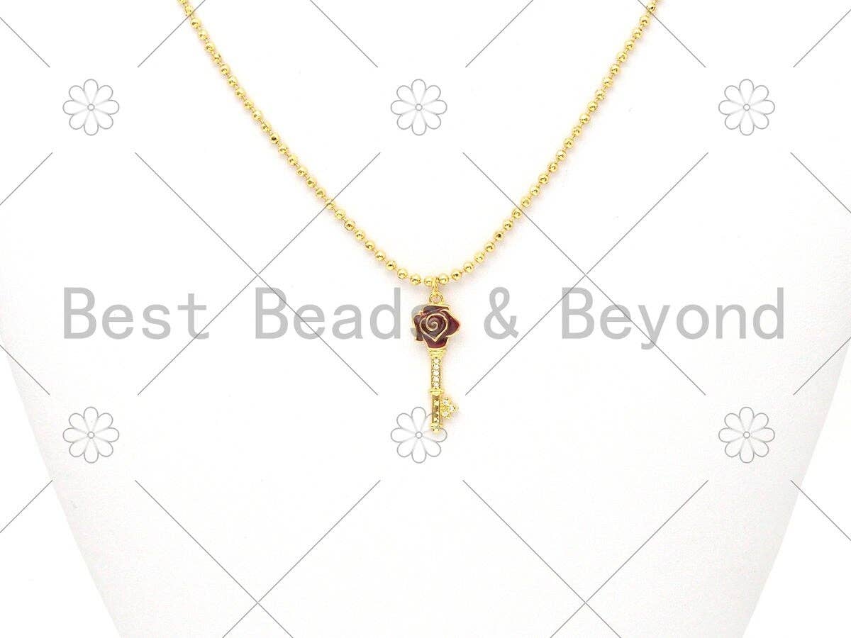Dark Red Enamel Rose Flower On Key Shape Pendant,18K Gold Filled Enamel Charm,Enamel Jewelry,9x27mm,Sku#Y480