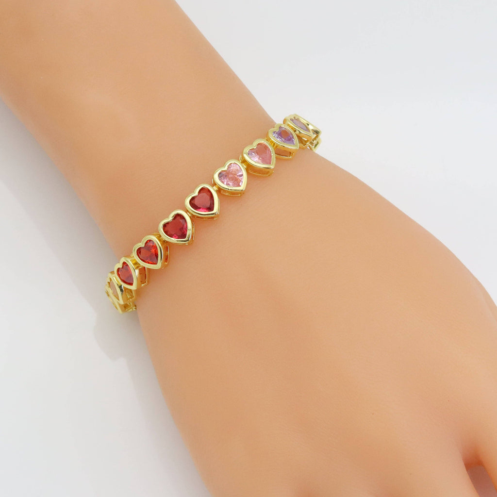Colorful Heart CZ Link Bracelet Necklace, Sku#EF564