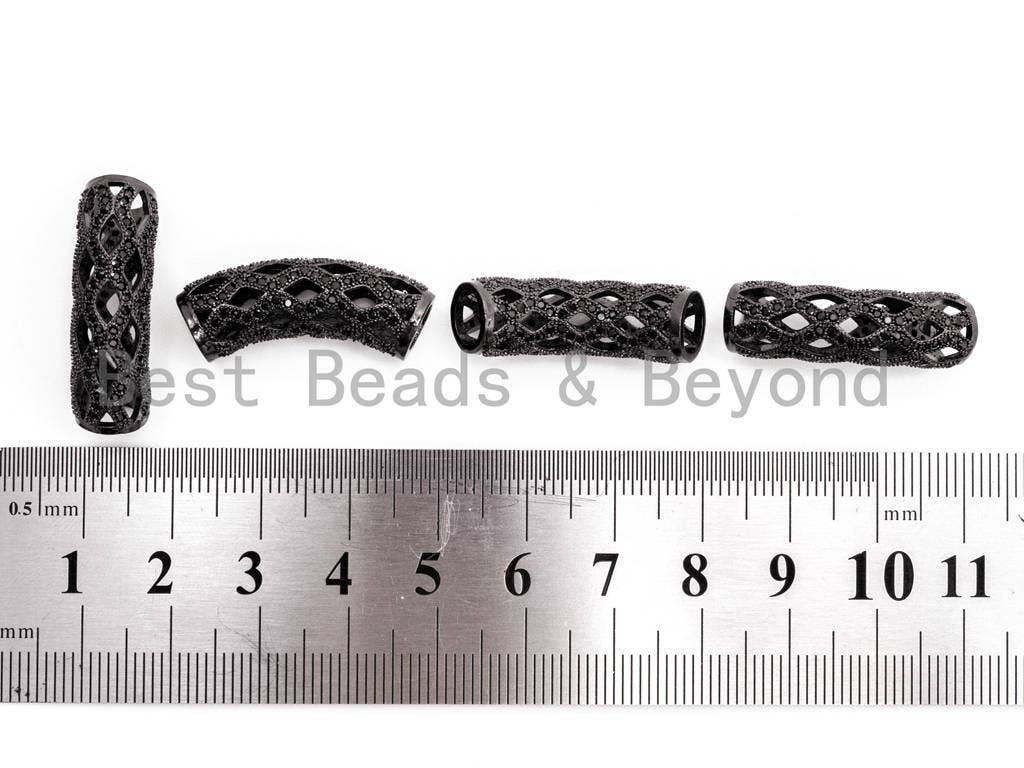 Black CZ Pave On Black Micro Pave Hollow Out Curved Tube, Cubic Zirconia Spacer Tube for Bracelet, 9x29mm, sku#G313