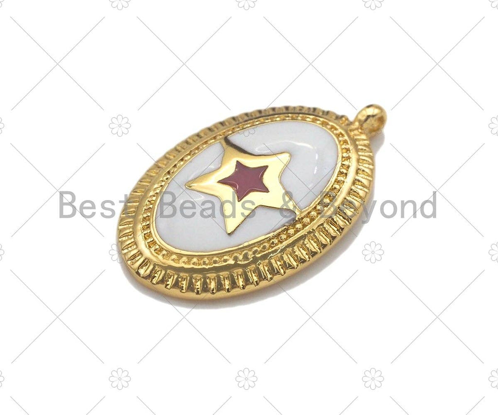 White Enamel Five Star On Oval Pendant,CZ Micro Pave Enamel pendant,Enamel Charm,Enamel Jewelry,12x19mm,sku#Z1244