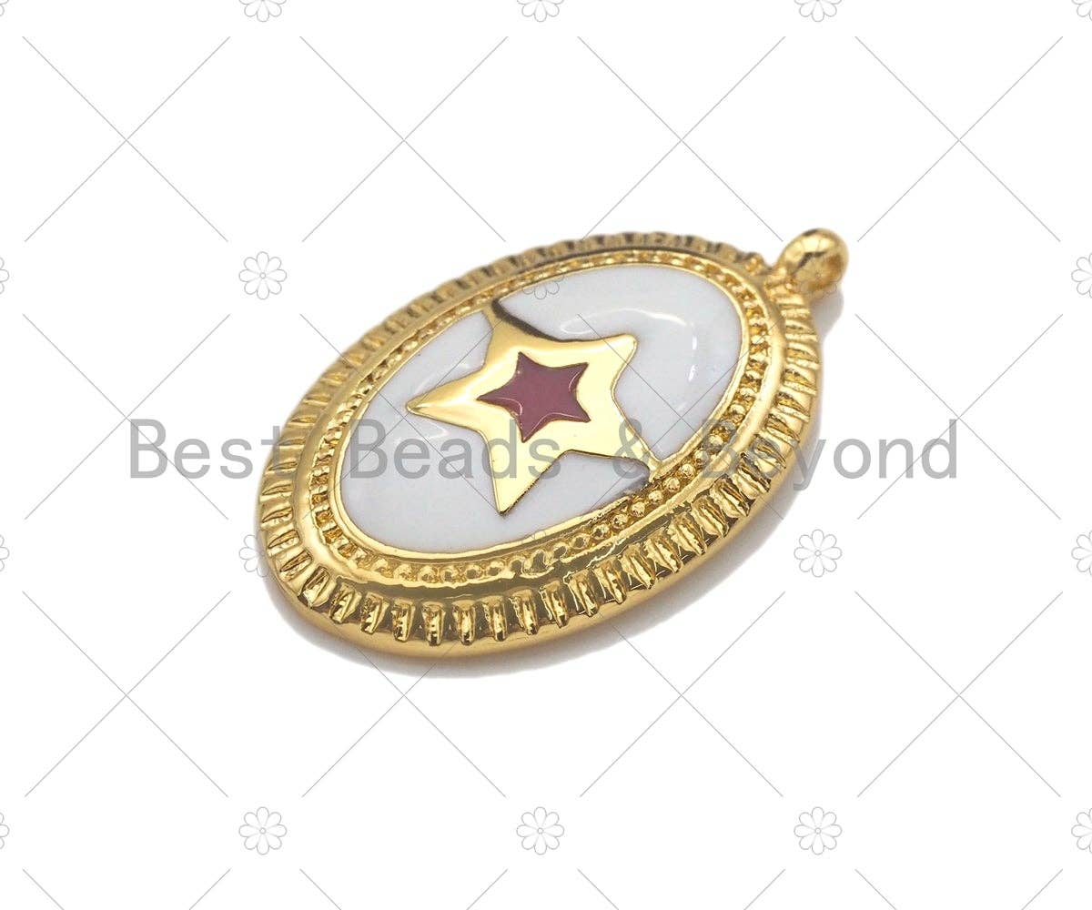 White Enamel Five Star On Oval Pendant,CZ Micro Pave Enamel pendant,Enamel Charm,Enamel Jewelry,12x19mm,sku#Z1244