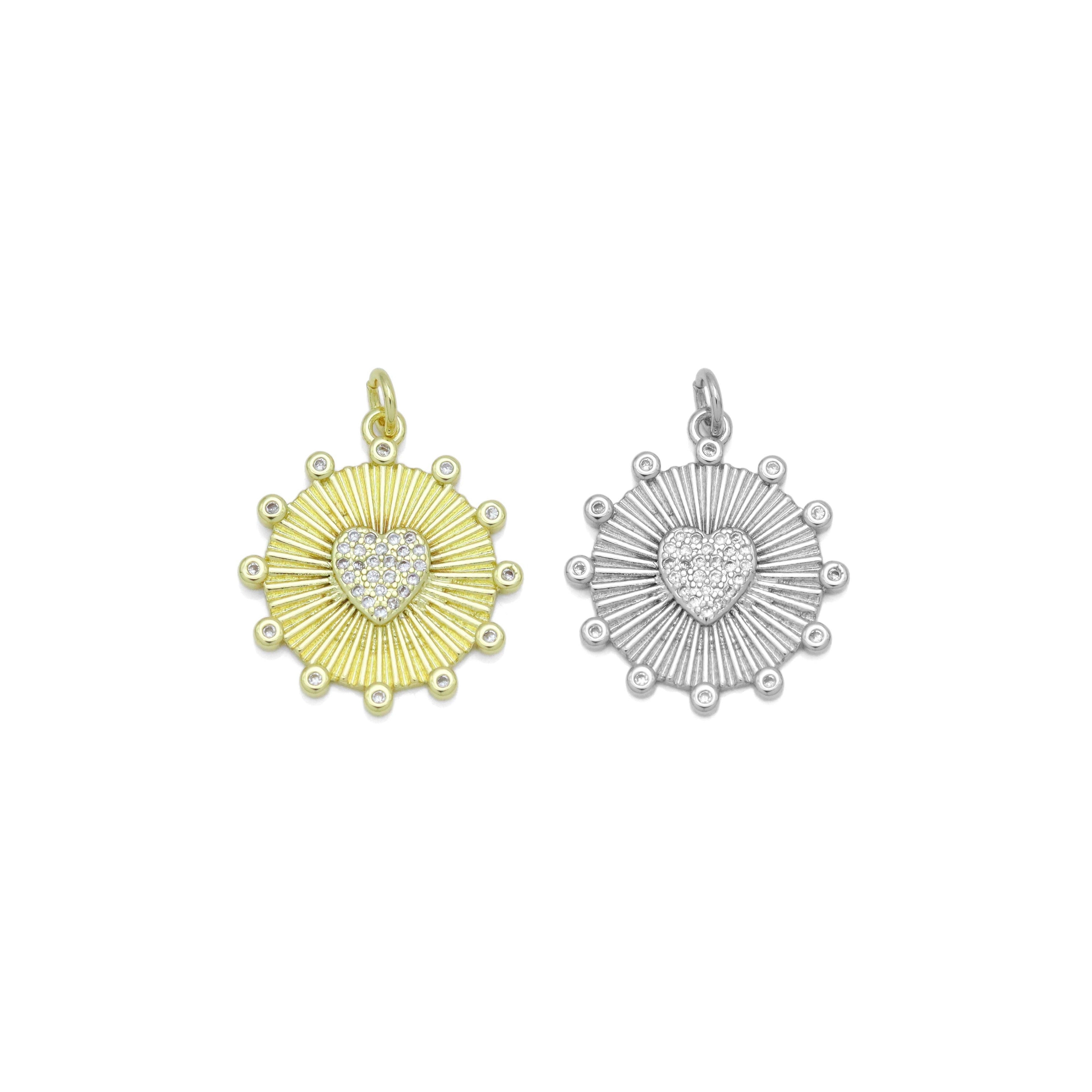 CZ Micro Pave Embossed Medallion Heart Coin Pendant, 22mm,Sku#Z1331