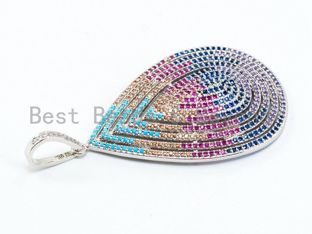 CZ Micro Pave Mixed Color Teardrop  Pendant, Cubic Zirconia Pendant, Colored CZ Pave in Gold/Silver/Rose Gold Finish, 60x31mm, SKU#F183