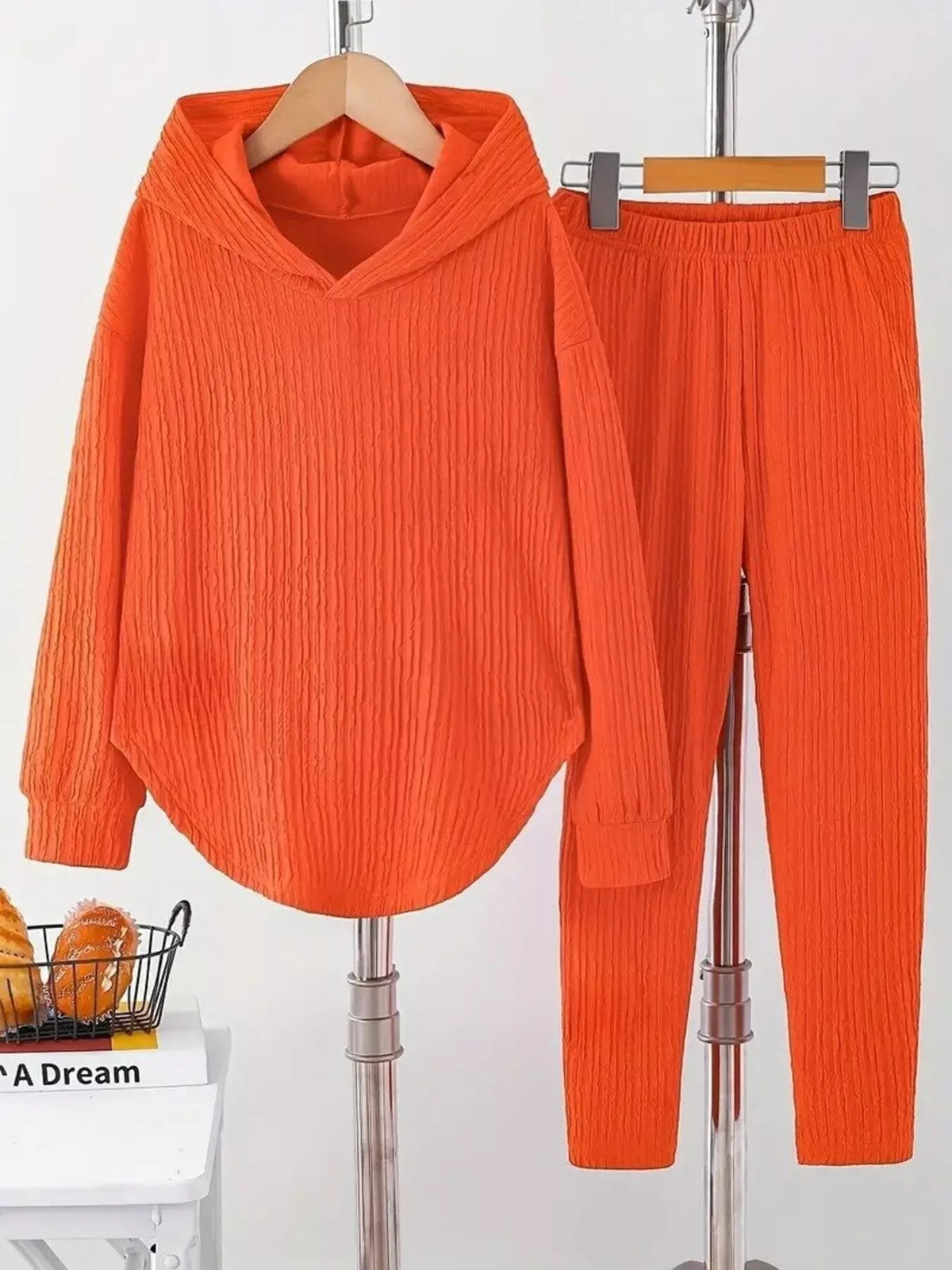Textured Long Sleeve Hoodie and Pants Set