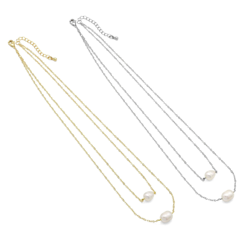 White Gold Dainty Chain Freshwater Pearl Layered Necklace, Sku#EF377