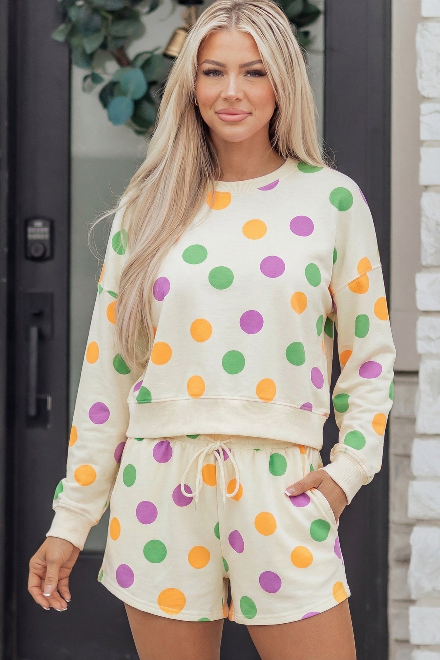Ember Shoulder Pullover Drawstring Shorts Set-Threaded Pear