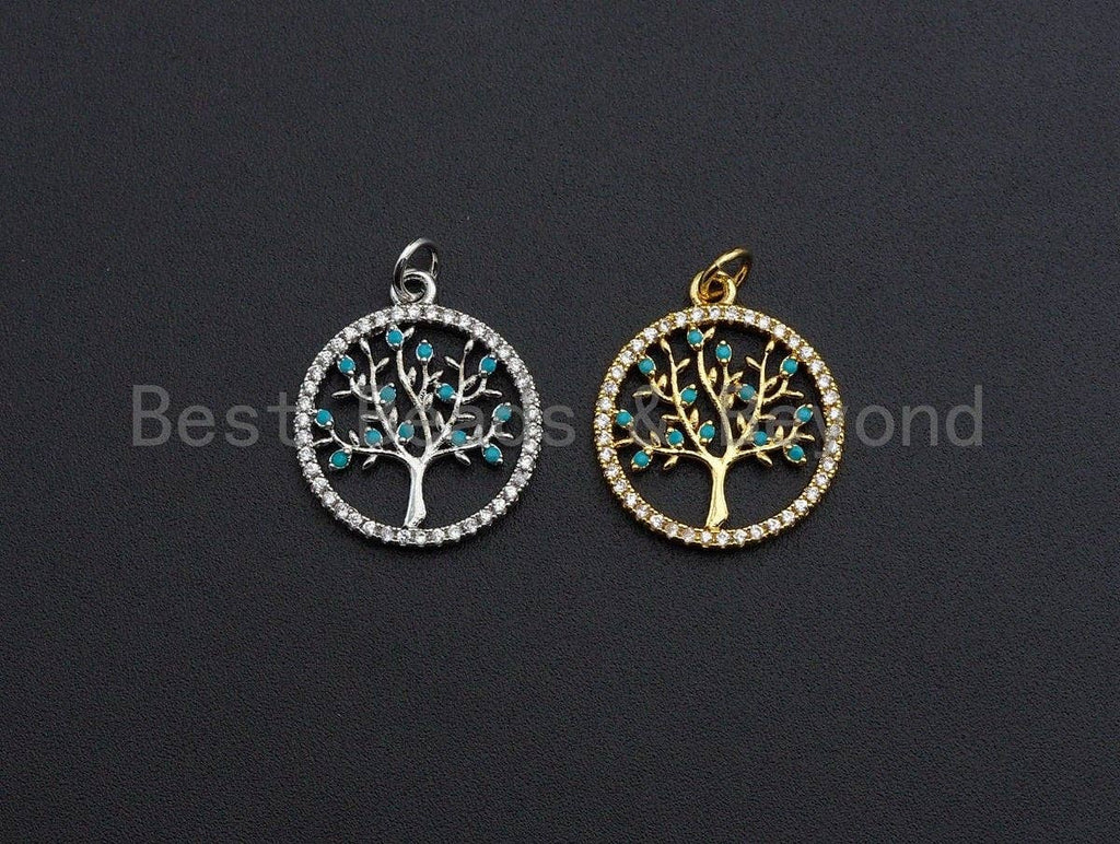 Turquoise CZ Micro Pave Hollow out Tree Round Pendant/Charm, Tree Cubic Zirconia Pendant, Silver/Gold Tone,18x21mm,Sku#Z495