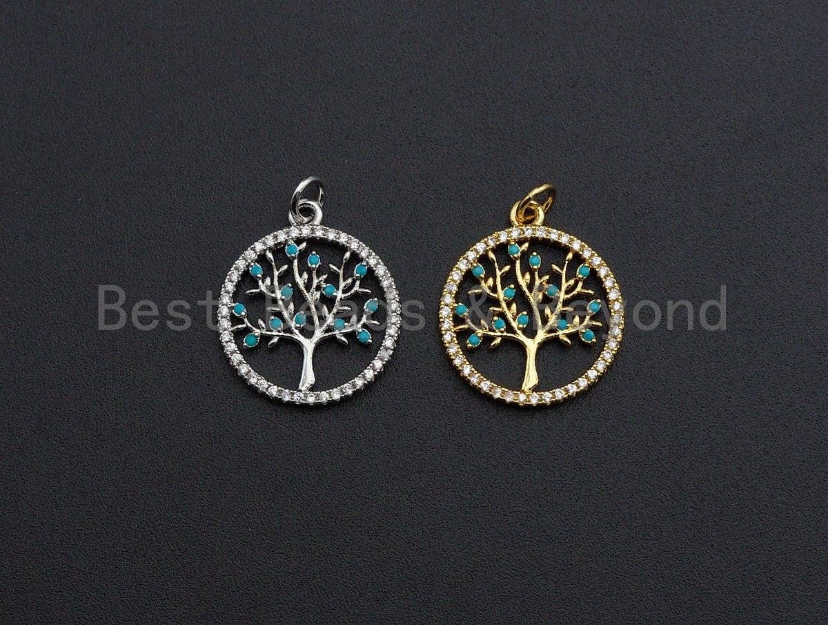 Turquoise CZ Micro Pave Hollow out Tree Round Pendant/Charm, Tree Cubic Zirconia Pendant, Silver/Gold Tone,18x21mm,Sku#Z495