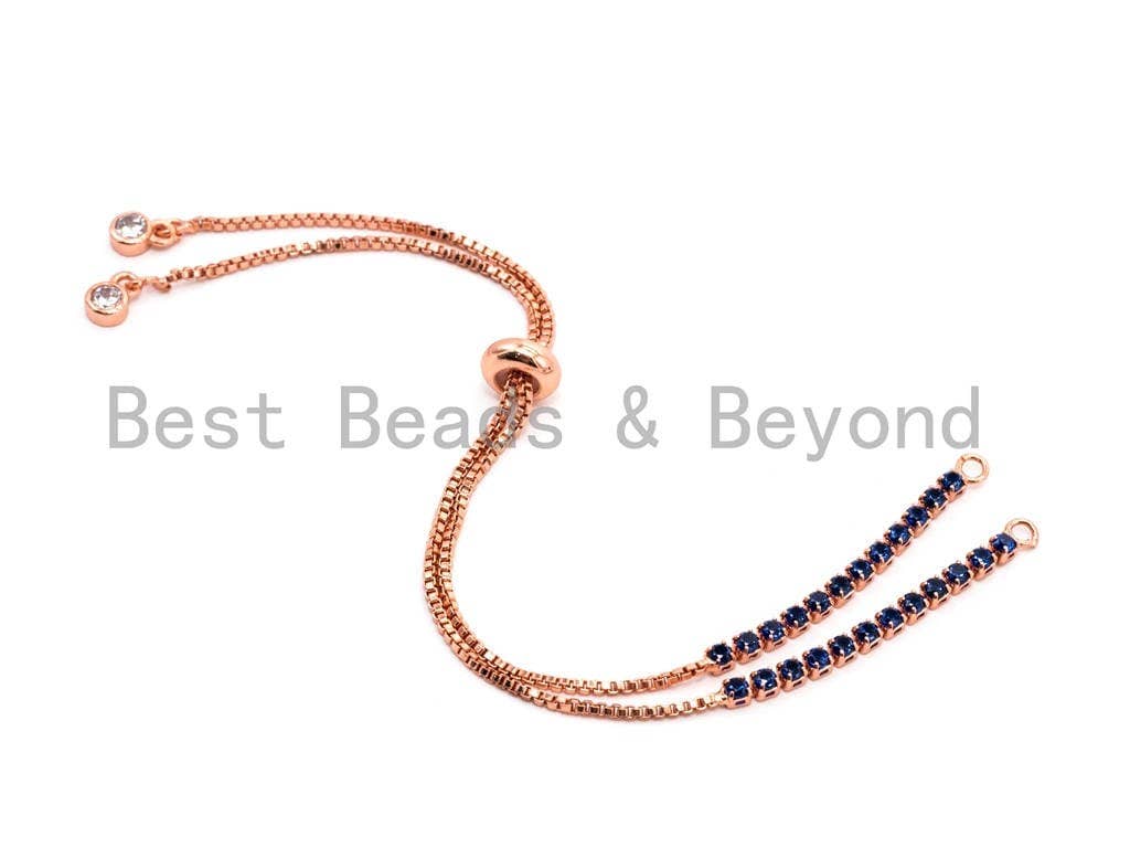 Cobalt Blue CZ Stud Sliding adjustable Half finished bracelet,Box chain with rubber stopper beads, connector link findings,sku#E371