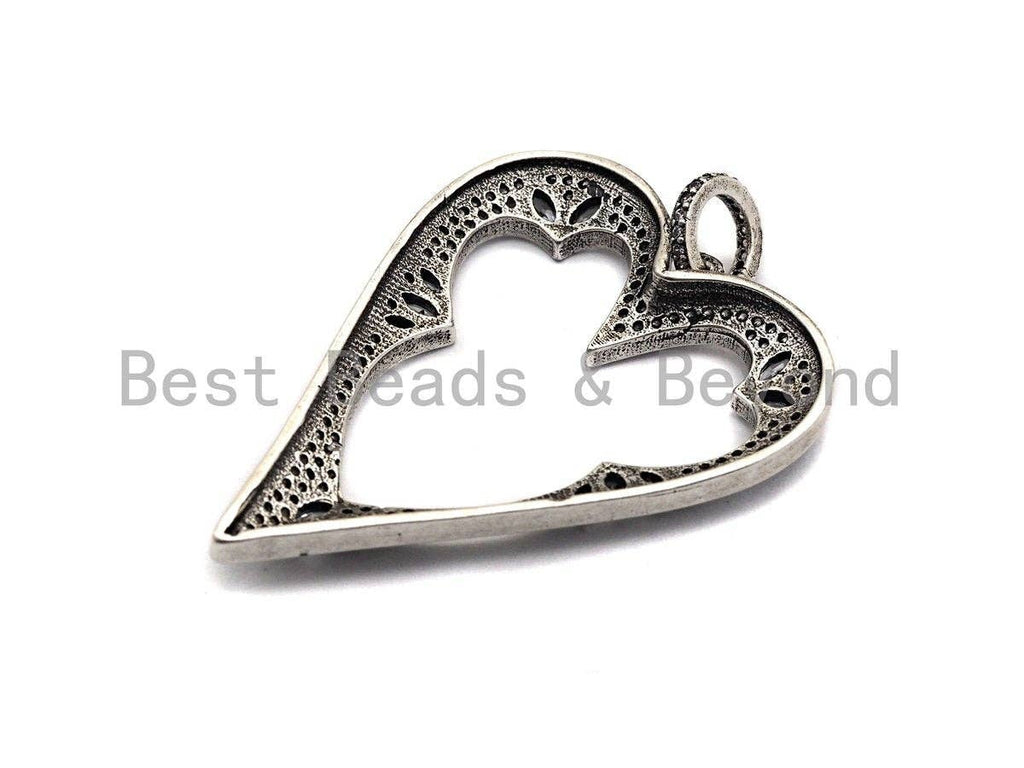 CZ Micro Pave Heart Hollow Out Pendant, Antique Silver Tone, Clear Cubic Zirconia Big Pave Heart Charm Pendant,35x46mm,sku#F1000C