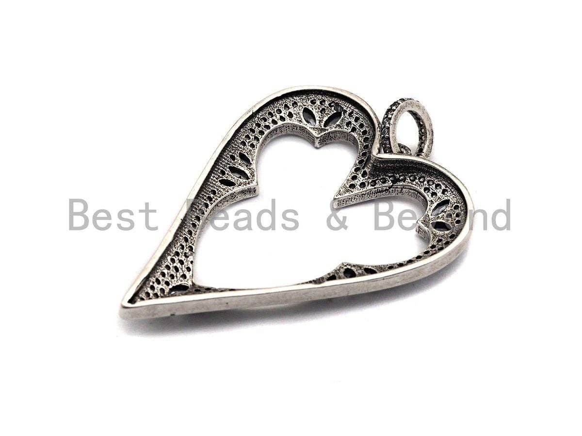 CZ Micro Pave Heart Hollow Out Pendant, Antique Silver Tone, Clear Cubic Zirconia Big Pave Heart Charm Pendant,35x46mm,sku#F1000C