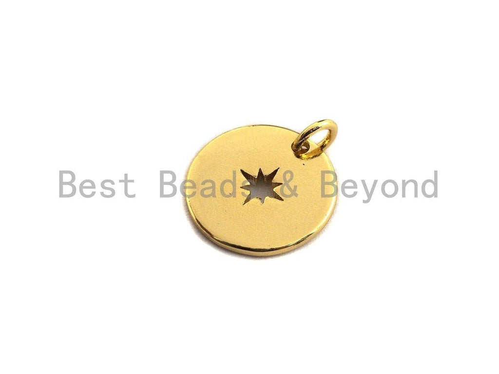 Hollow Out North Star on Disc Pendant/Charm,Flat Sheet Copper  CZ Pendant, Silver/Gold/Black Tone,15x15mm,Sku#Z460