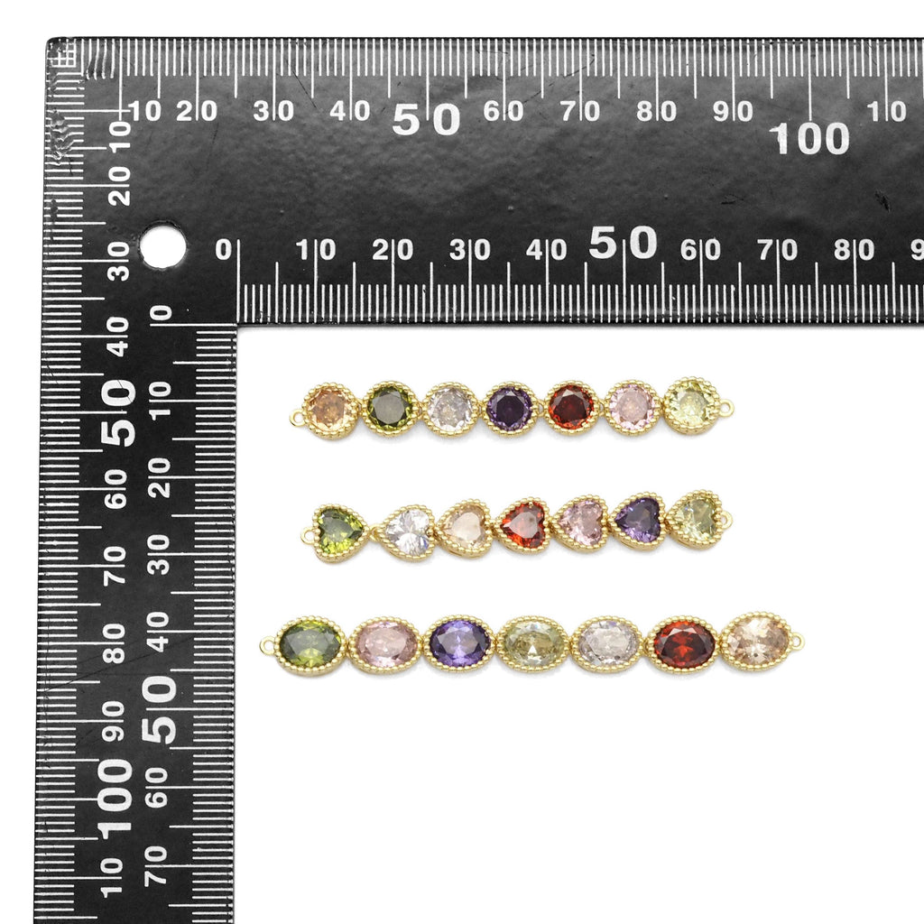Colorful CZ Gold Round Heart Oval Shape Long Bar Connector Charm, Sku#LX313