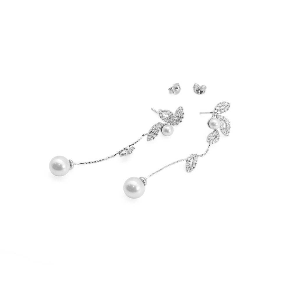 CZ Silver White Pearl Leaf Dangle Earrings, Sku#ZX158