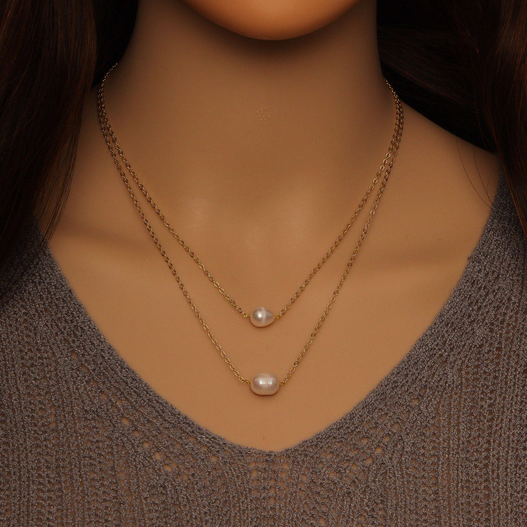 White Gold Dainty Chain Freshwater Pearl Layered Necklace, Sku#EF377