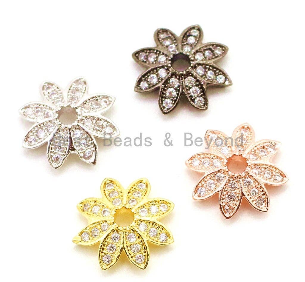 CZ Micro Pave Flower Bead Cap, Cubic Zirconia Bead Cap, 11x2mm, 8x2mm, 2pcs/6pcs sku#G90-Bestbeads & Beyond