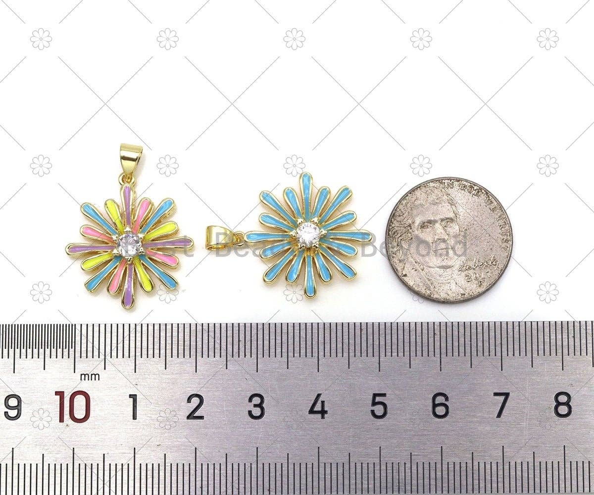 Enamel Colorful Daisy Flower with Big CZ Shape Pendant, 18K Gold Filled Flower Charm, Necklace Bracelet Charm Pendant, Sku#F1447