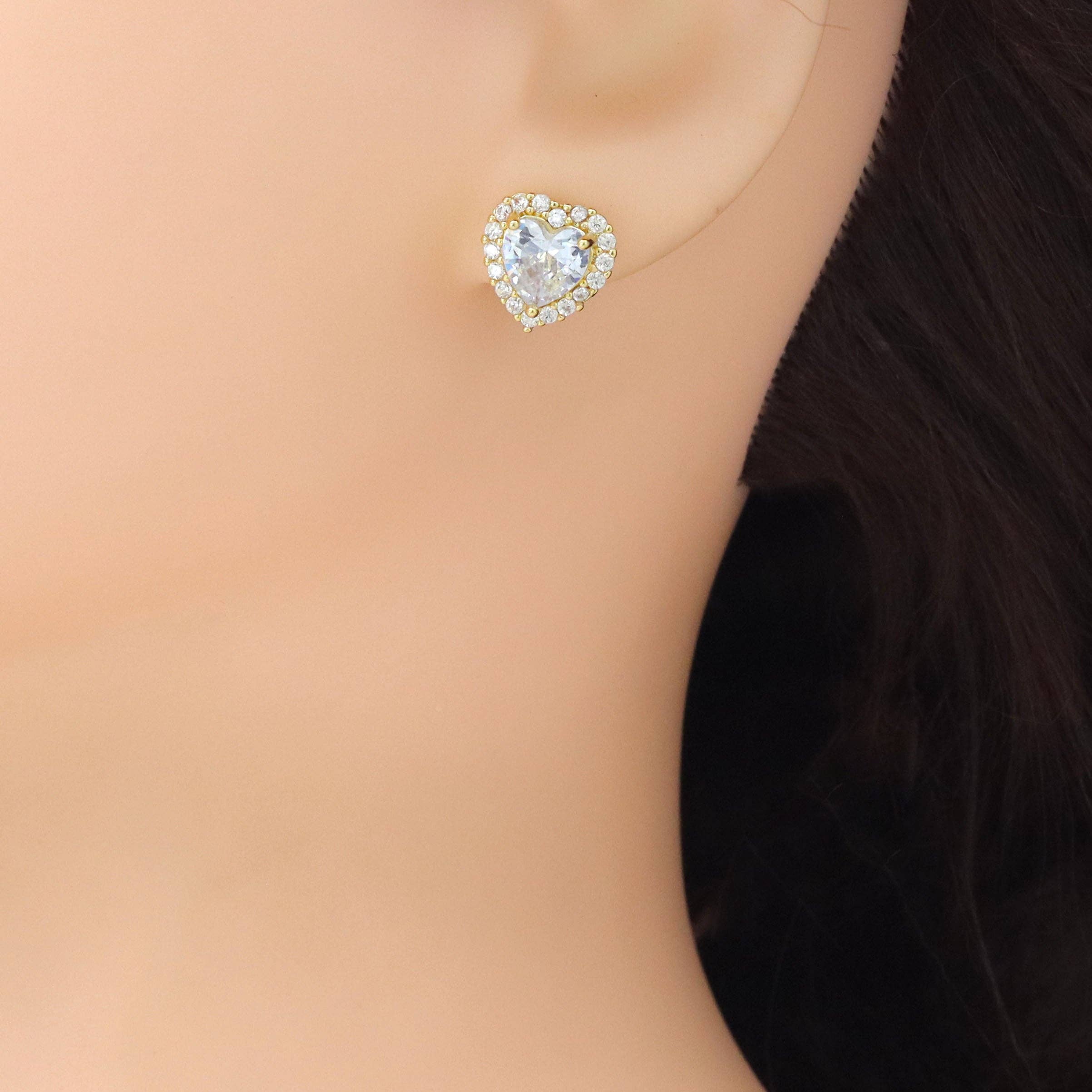 Clear CZ Around Big Diamond Crystal Heart Stud Earrings, Sku#LX771