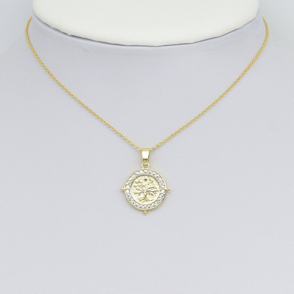 CZ Around Tree On Round Coin Charm Pendant, Sku#LX766