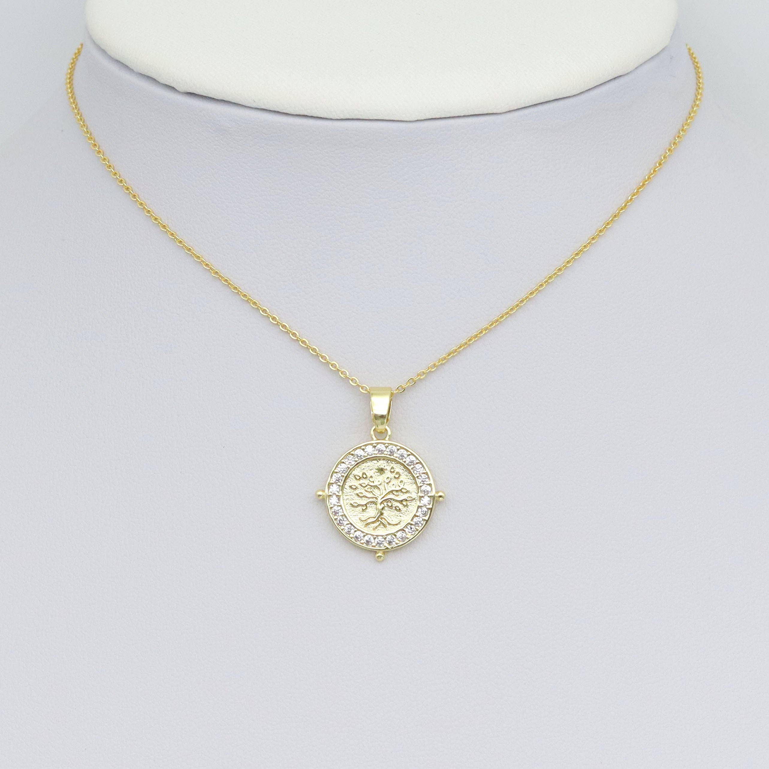 CZ Around Tree On Round Coin Charm Pendant, Sku#LX766
