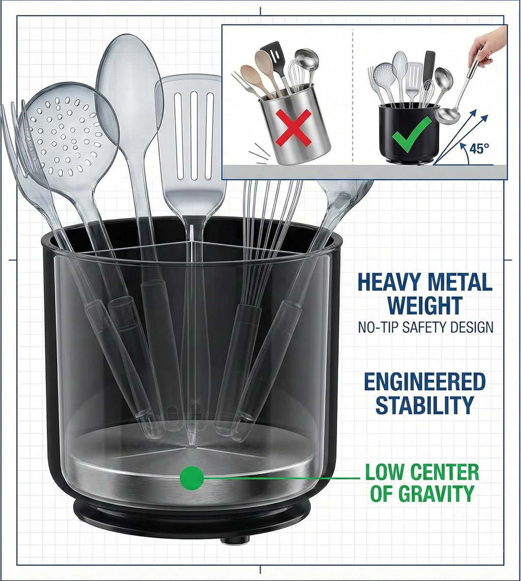Cooler Kitchen Extra Large and Sturdy Rotating Utensil Holder Caddy with No-Tip Weighted Base, Removable Divider, and Gripped Insert | Rust Proof and Dishwasher Safe