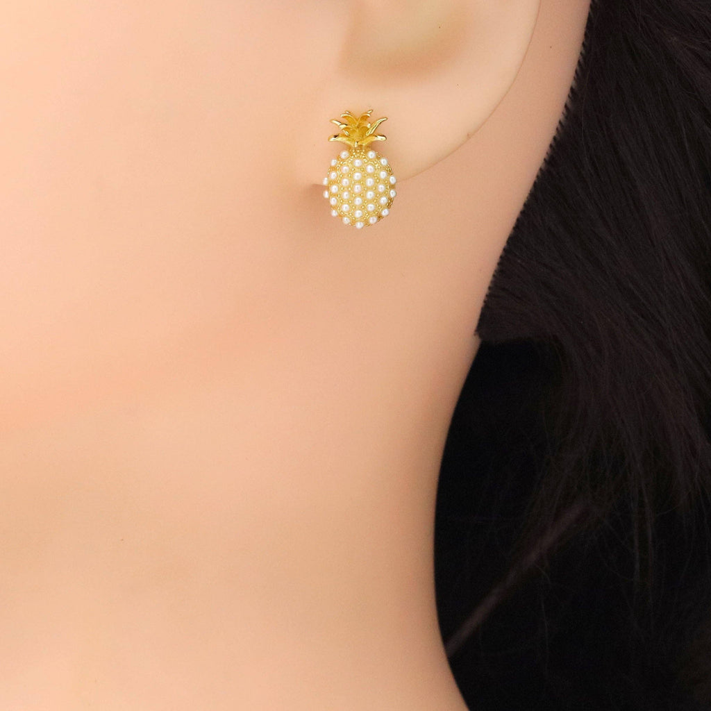 White Pearl Gold Pineapple Shape Stud Earrings, Sku#LX698