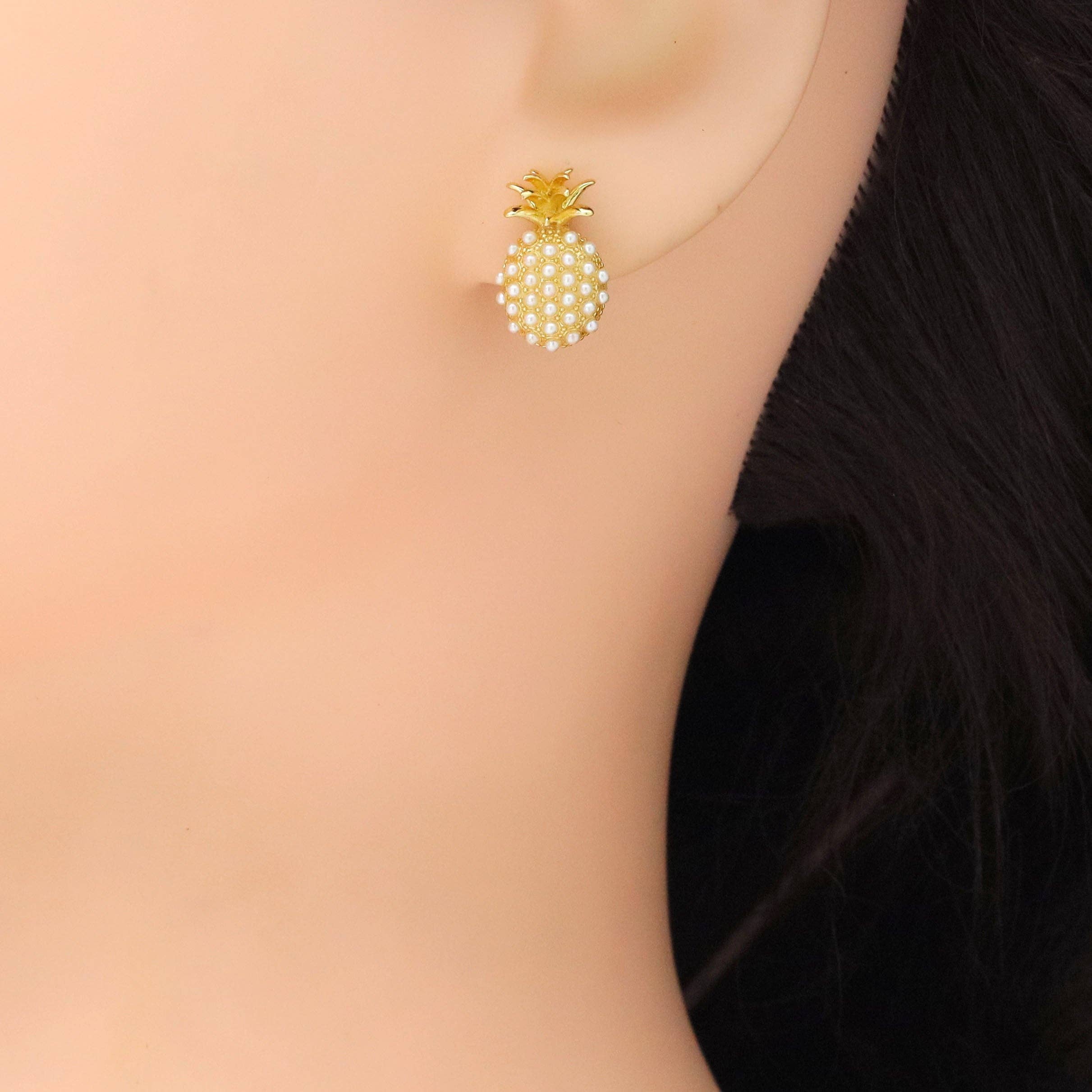 White Pearl Gold Pineapple Shape Stud Earrings, Sku#LX698
