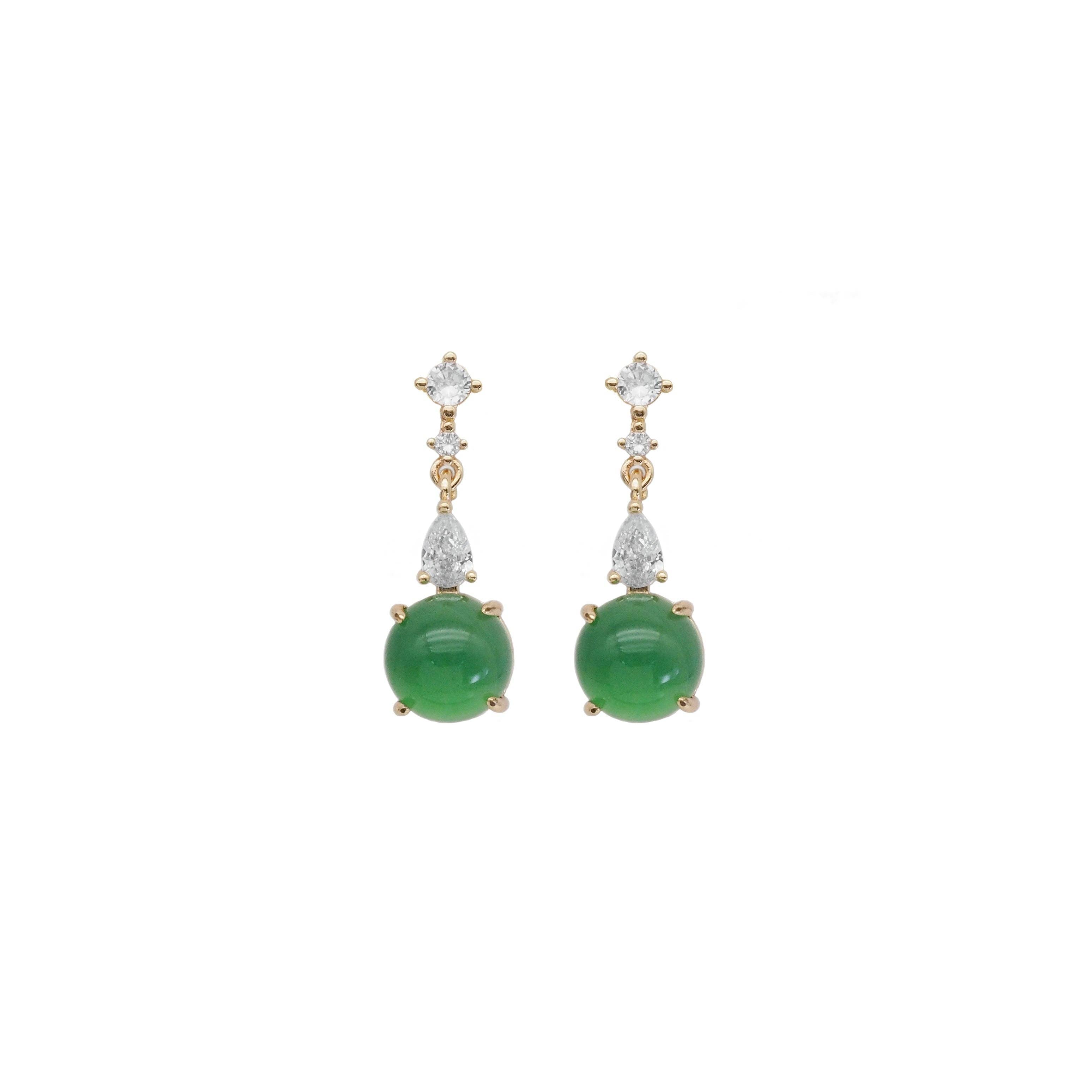 Clear CZ Gold Green Round Jade Stud Earrings, Sku#LX352-Bestbeads & Beyond