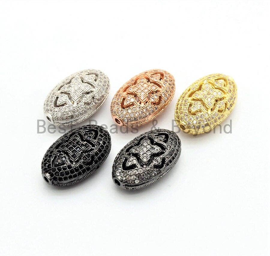 CZ Micro Pave Oval Spacer Beads with Flower Pattern, Clear/Black CZ Pave Beads for Bracelet/Necklace, Cubic Zirconia Beads,12x18mm, sku#G413