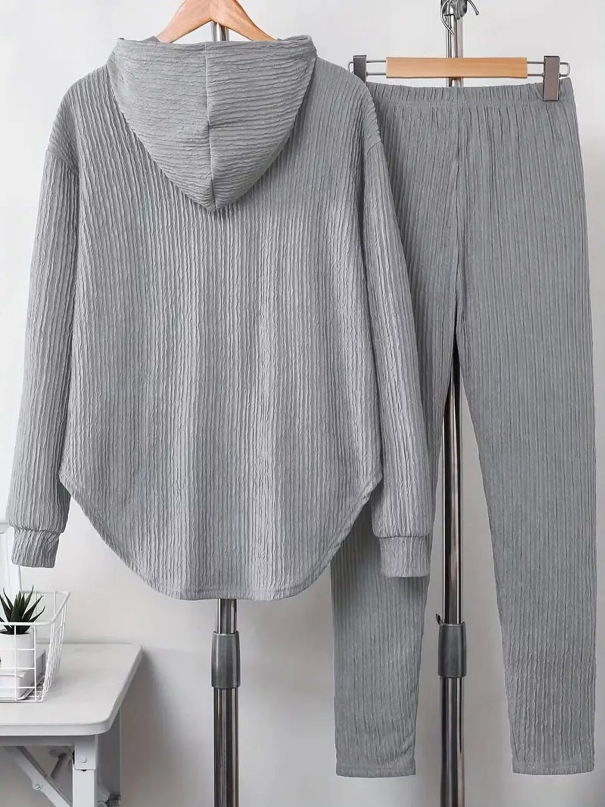 Textured Long Sleeve Hoodie and Pants Set
