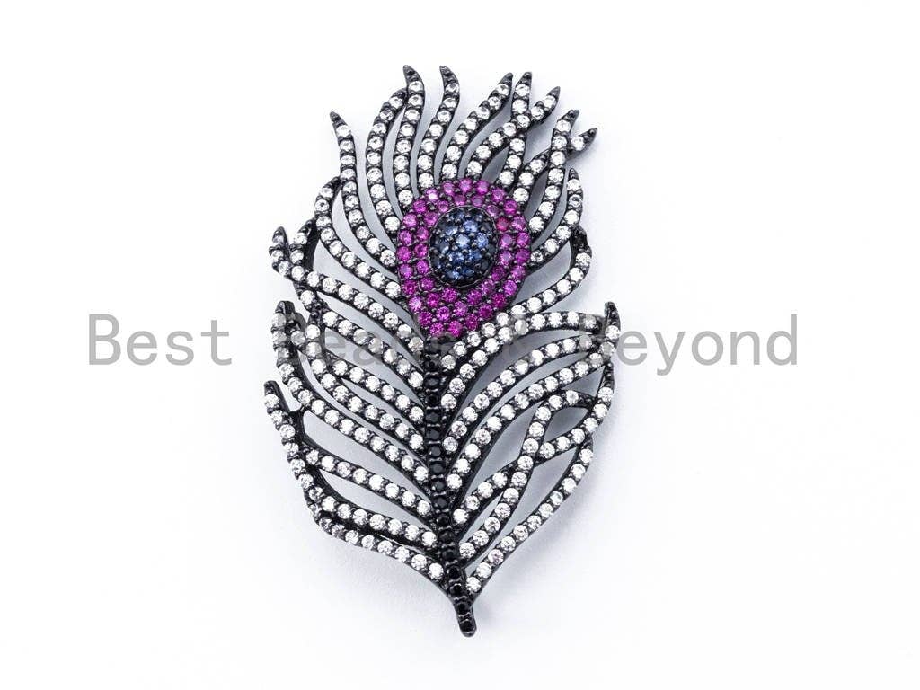 CZ Micro Pave Peacock Feather Pendant/Charm with Fuchsia Eye, Cubic Zirconia Pendant,28x46mm,1pc, sku#F98